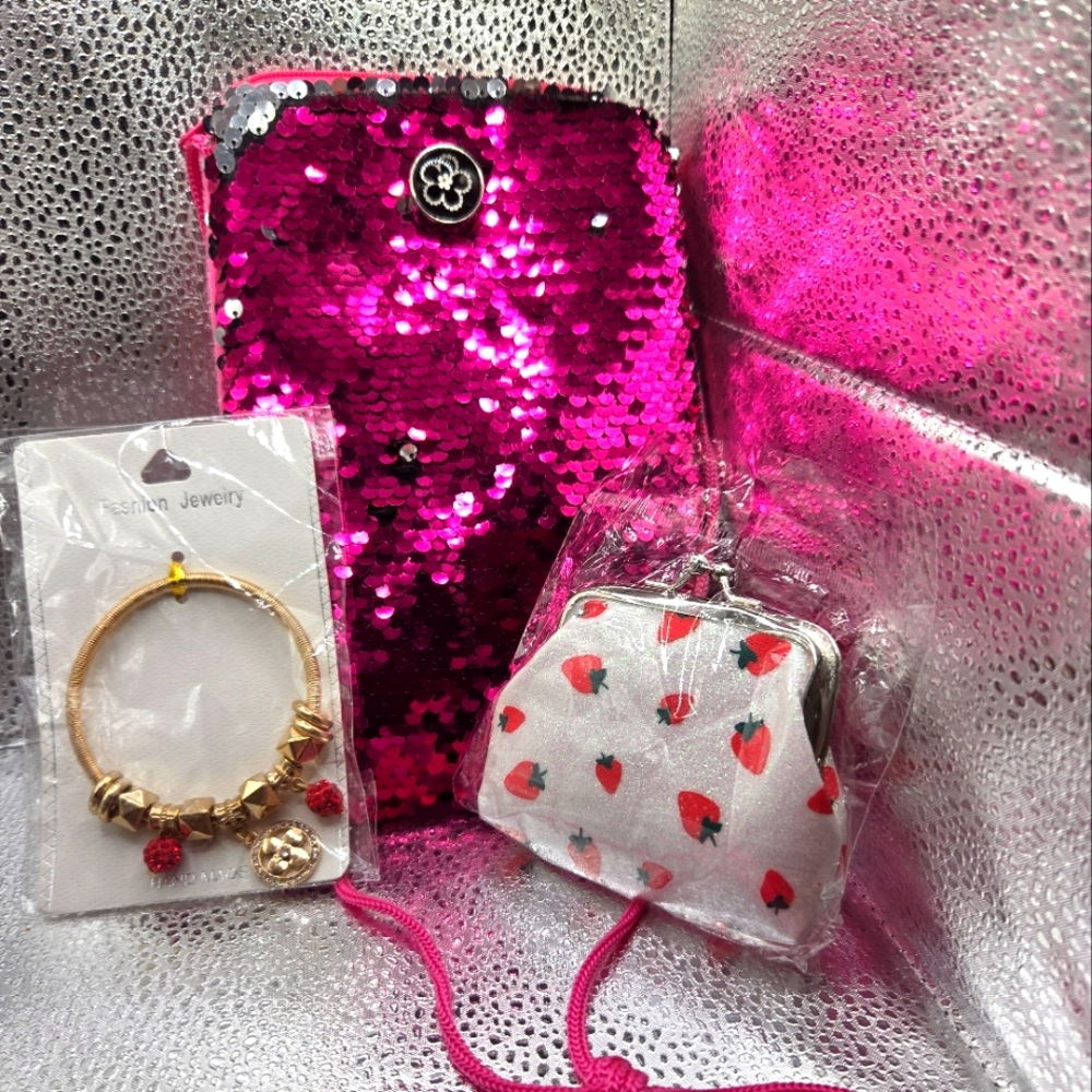Bags, Gold Bracelet with Red Charms, Hot Pink Bag, Pink Stawberry Coin Purse